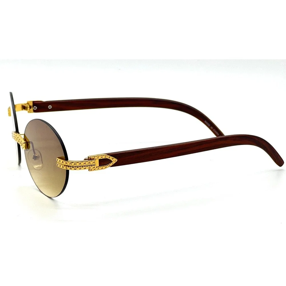 Rimless Sunglasses Men Round Gold Accents Brown Lens Wood Grain Arms Fashion New